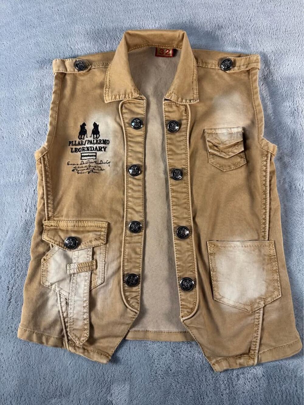 Pilar Palermo Utility Vest Women’s Size 32 Tan Military Cargo Button Front Vest